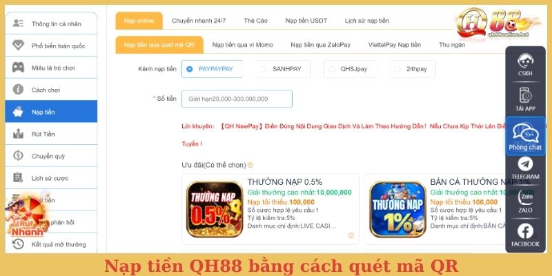 Nạp tiền QH88 bằng cách quét mã QR