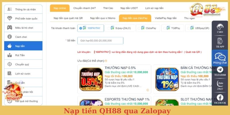 Nạp tiền QH88 qua Zalopay