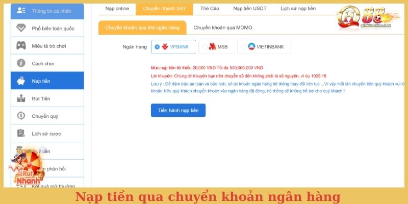 Nạp tiền qua chuyển khoản ngân hàng