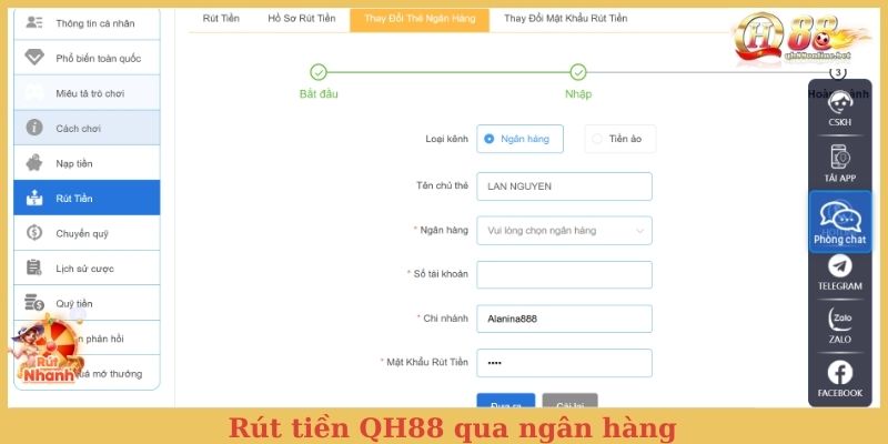 Rút tiền QH88 qua ngân hàng